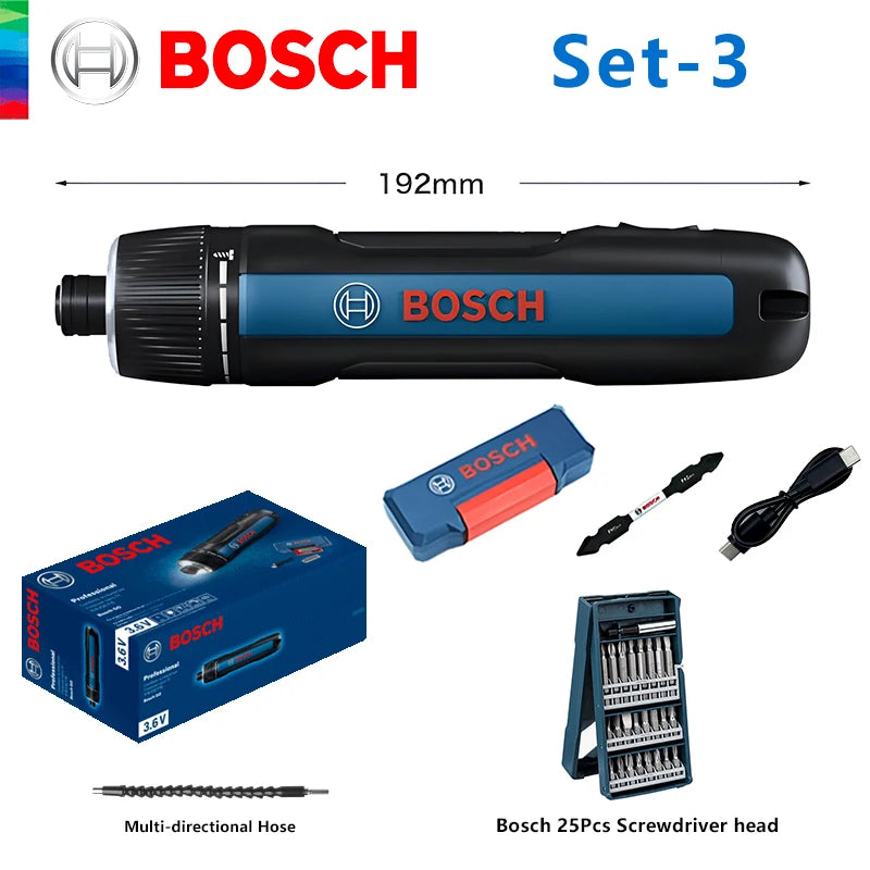 Bosch GO 3 cordless screwdriver set packaging with lithium-ion battery and box