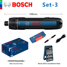 Bosch GO 3 cordless screwdriver set packaging with lithium-ion battery and box