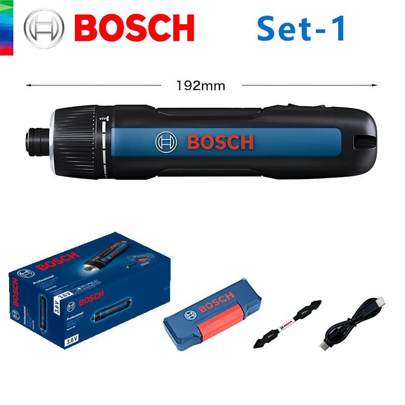 Bosch GO 3 cordless screwdriver set packaging with tools and accessories in box