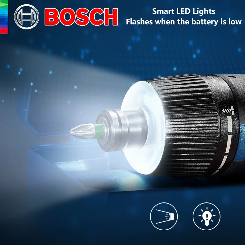 Bosch GO 3 LED light close-up on screwdriver tip, dark background
