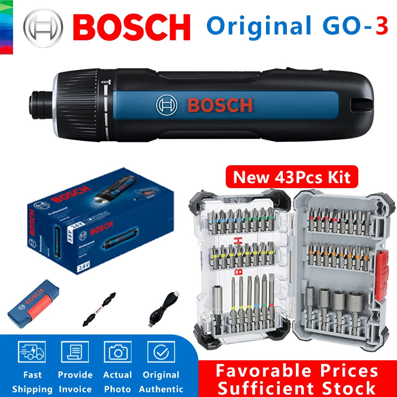 Bosch GO 3 cordless screwdriver lifestyle shot, blue and black with LED light