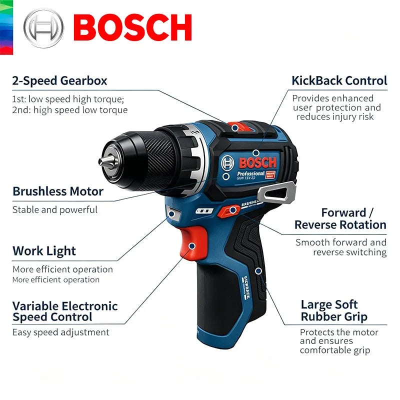 Bosch GSR 12V-32 built-in light detail with dual speed and T-shaped handle