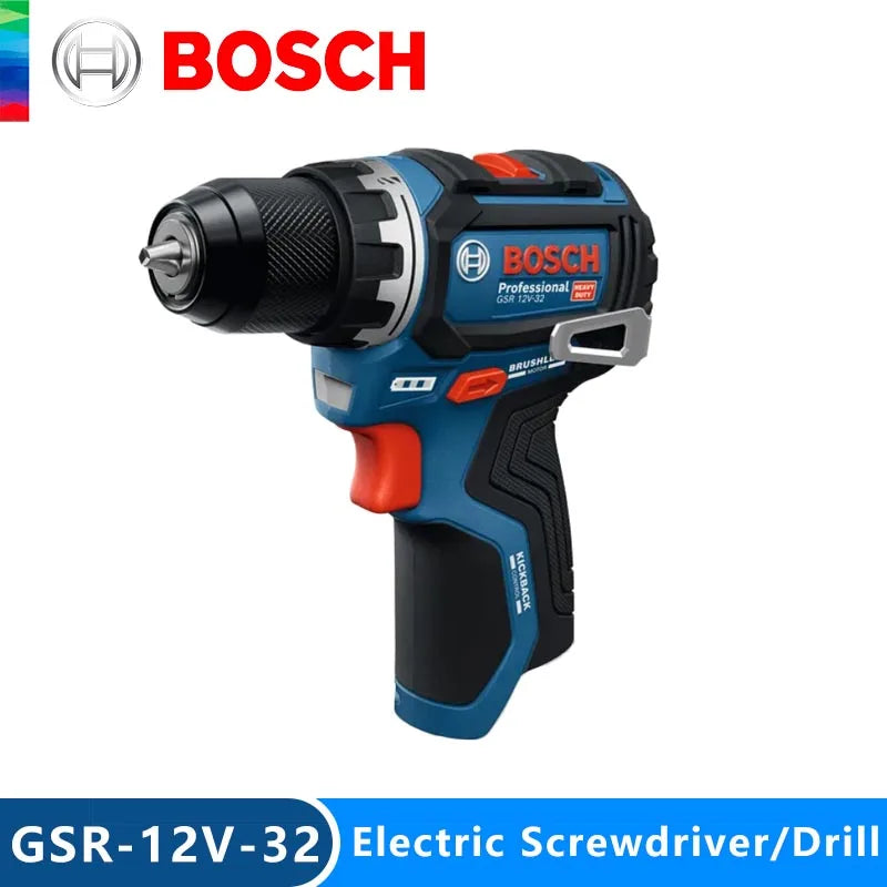 Bosch GSR 12V-32 front view with compact blue-black-red drill and LED light