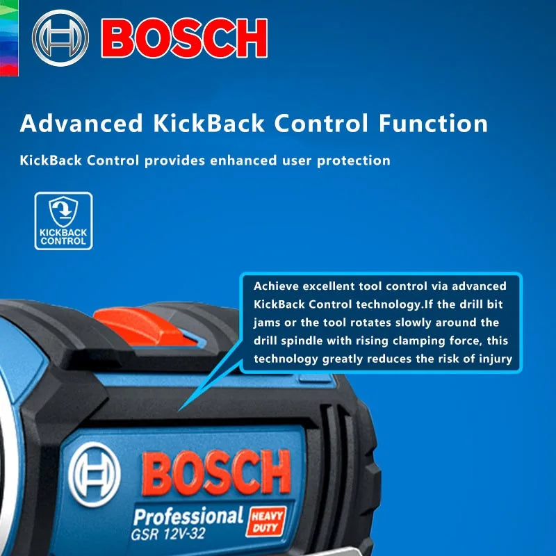 Bosch GSR 12V-32 kickback control detail close-up in blue and black