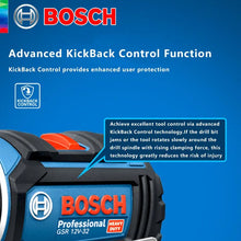 Bosch GSR 12V-32 kickback control detail close-up in blue and black