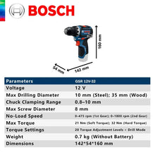Bosch GSR 12V-32 specifications detail showing drilling capacity and max torque