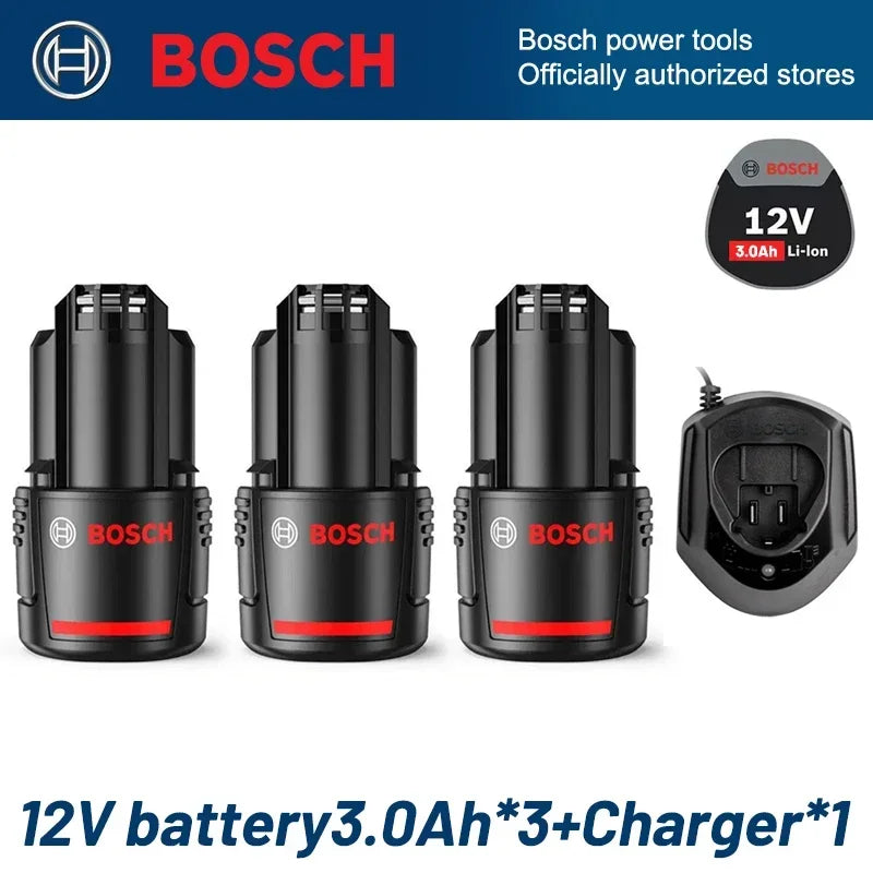 Bosch 12V lithium-ion batteries, 3.0Ah packaging in black and red