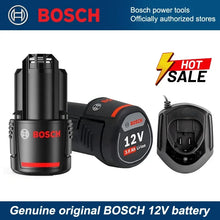 Bosch 12V battery close-up, black and red compact design