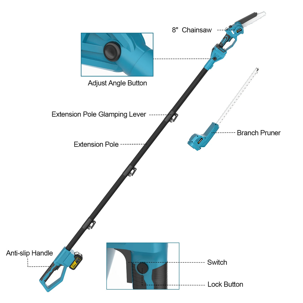 Gisam blue pole saw detail, extendable telescoping pole and guard
