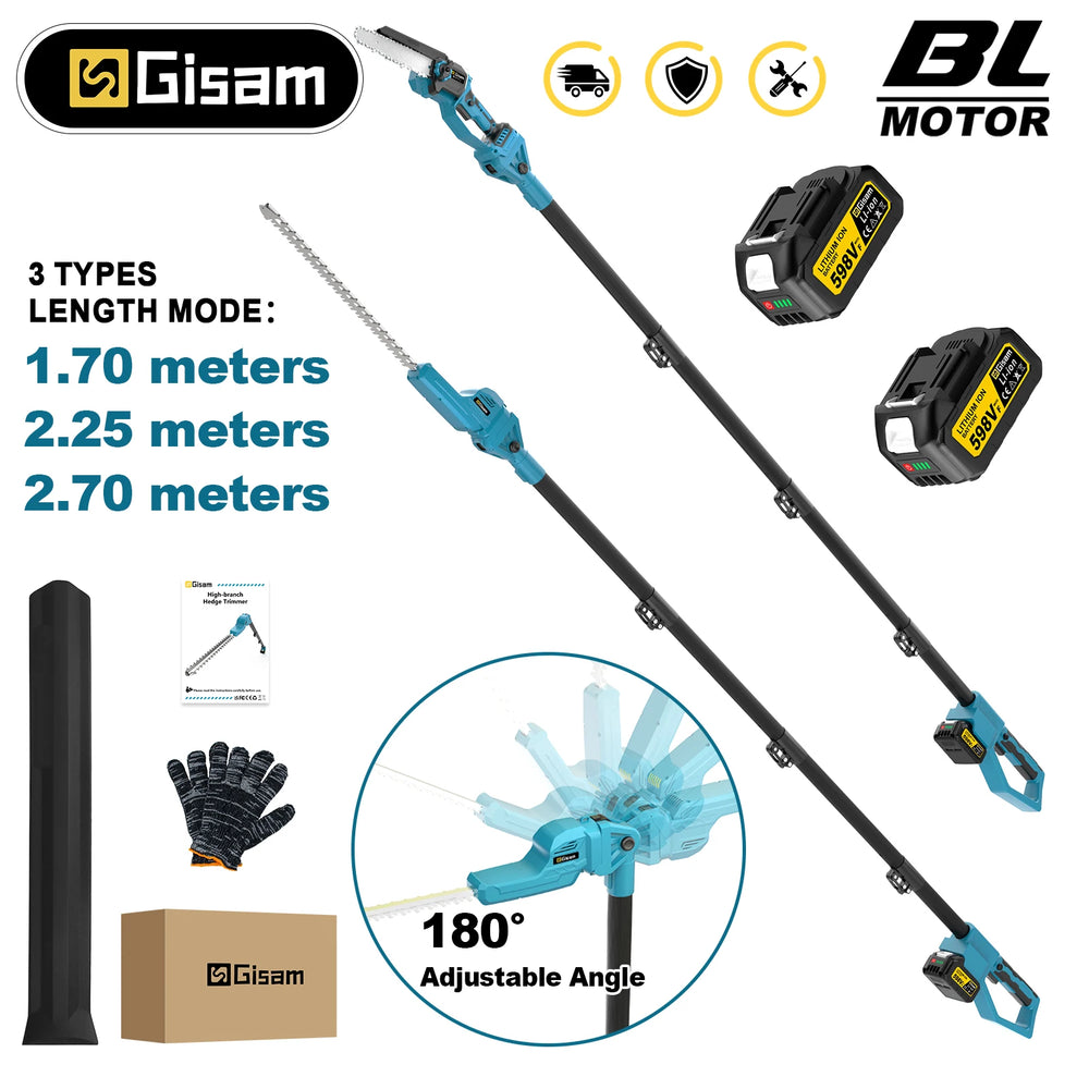 Gisam brushless chainsaw hedge trimmer packaging, blue and black