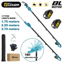 Gisam brushless chainsaw hedge trimmer packaging, blue and black