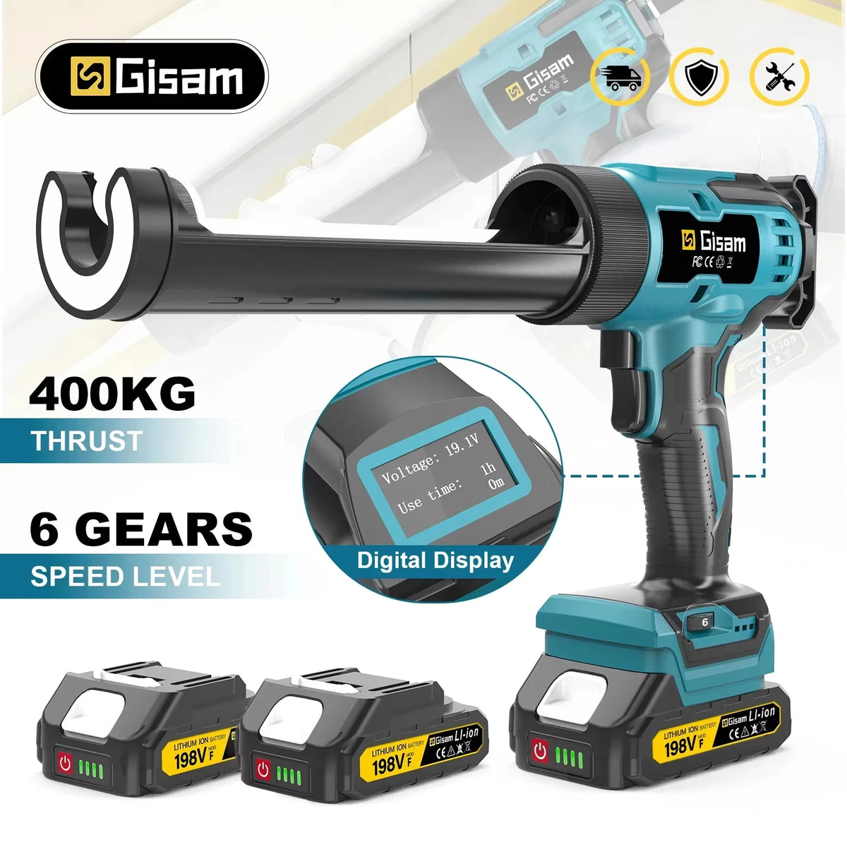 Gisam cordless glue gun front view in blue and black