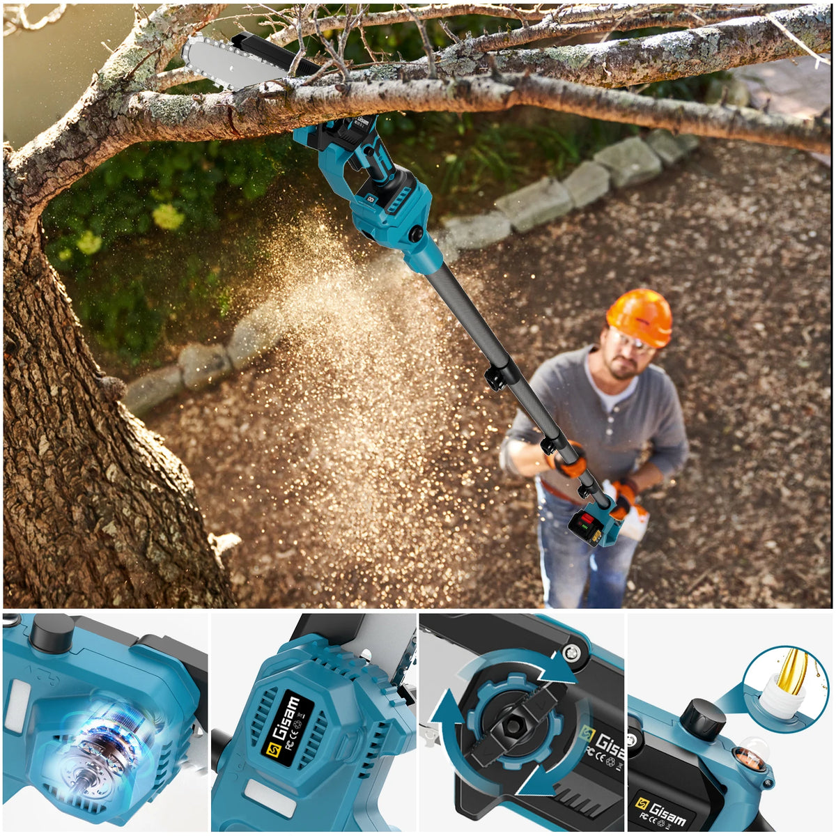 Gisam pole saw lifestyle shot, man in safety gear, blue and orange outdoors