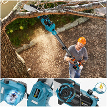 Gisam pole saw lifestyle shot, man in safety gear, blue and orange outdoors