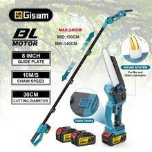 Gisam pole saw packaging, blue and black safety features, front view