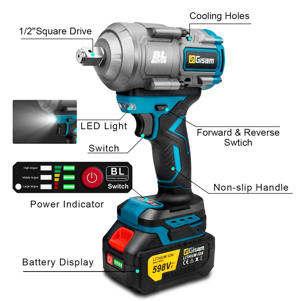 Gisam impact wrench features detail, cooling vents and digital controls