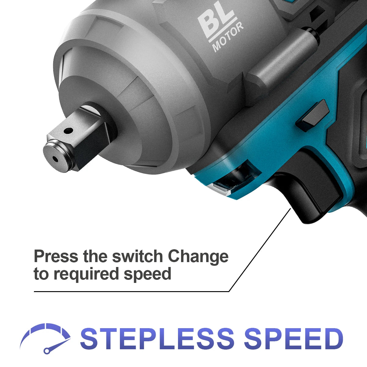 Gisam impact wrench stepless speed control detail, blue and silver