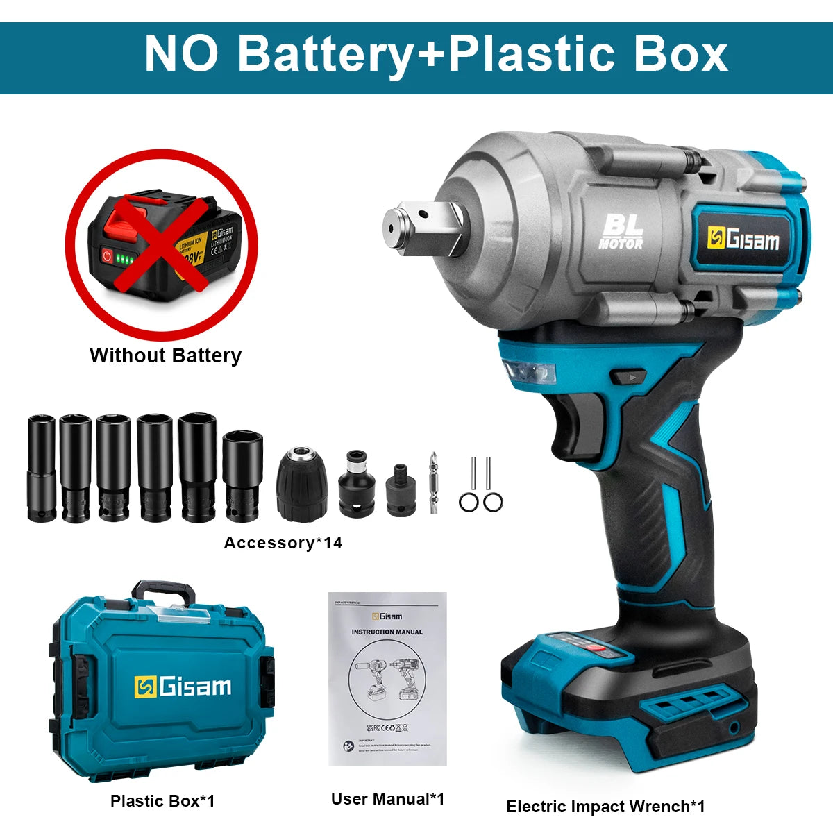 Gisam impact wrench side view, blue and silver with no battery included