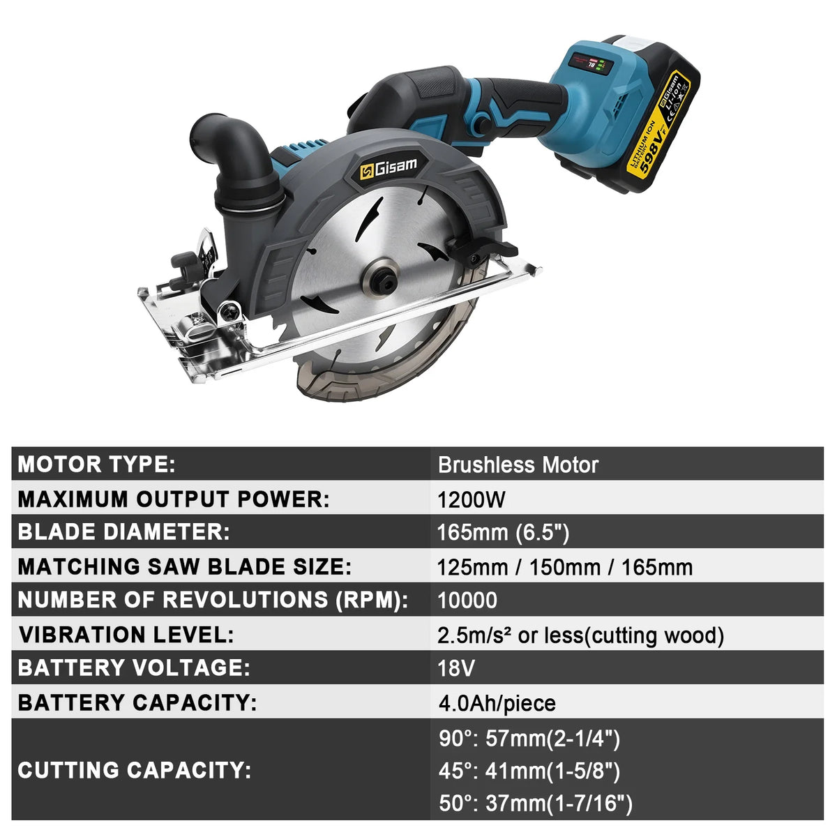 Gisam 165mm circular saw powerful brushless motor detail, black and blue