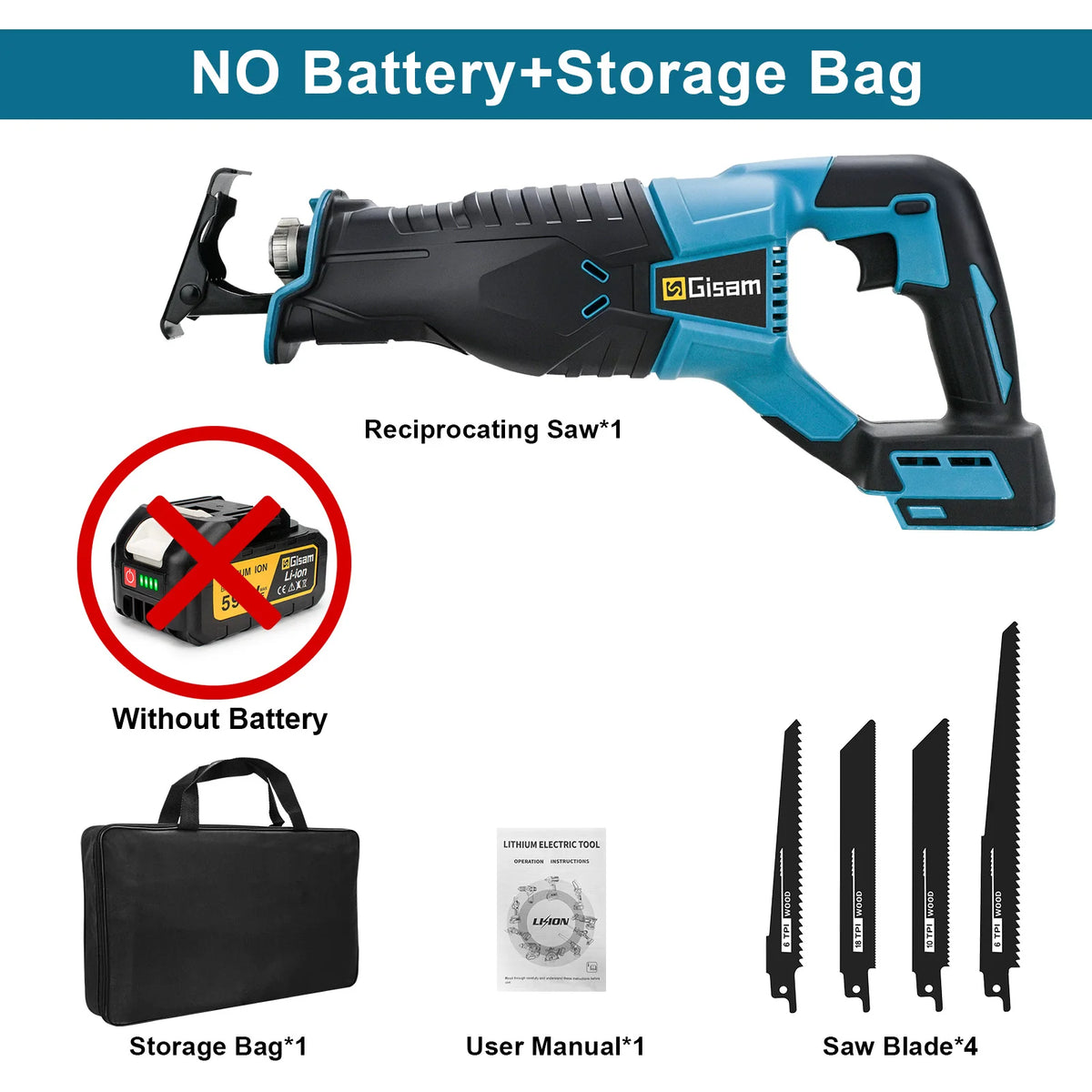 Gisam cordless reciprocating saw front view, blue and black