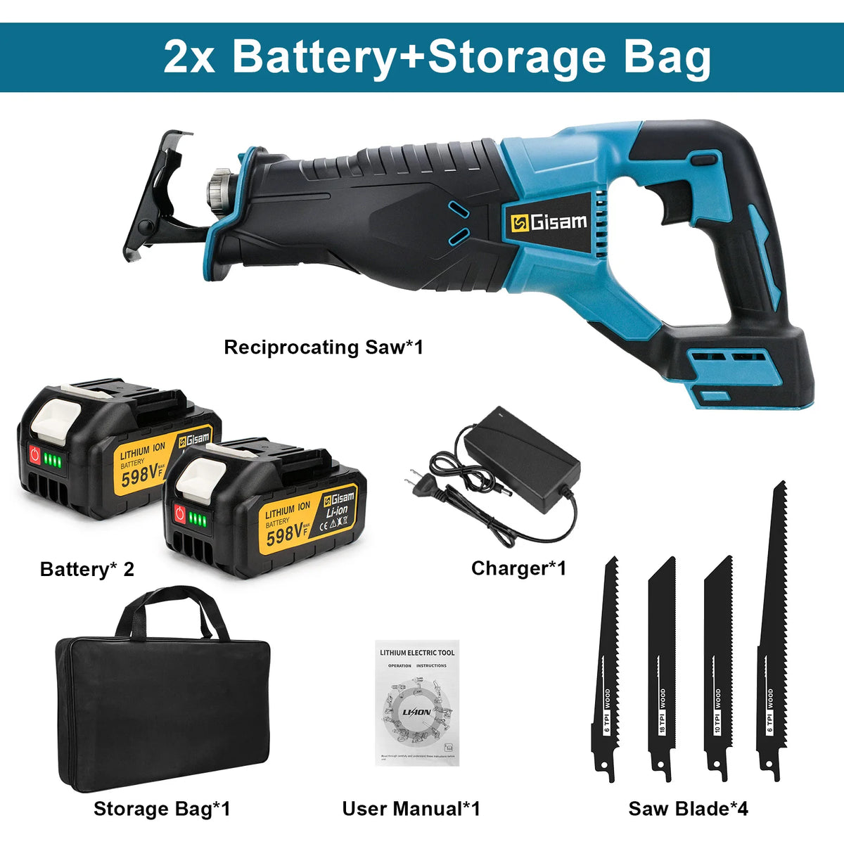 Gisam reciprocating saw kit lifestyle with storage bag and blades