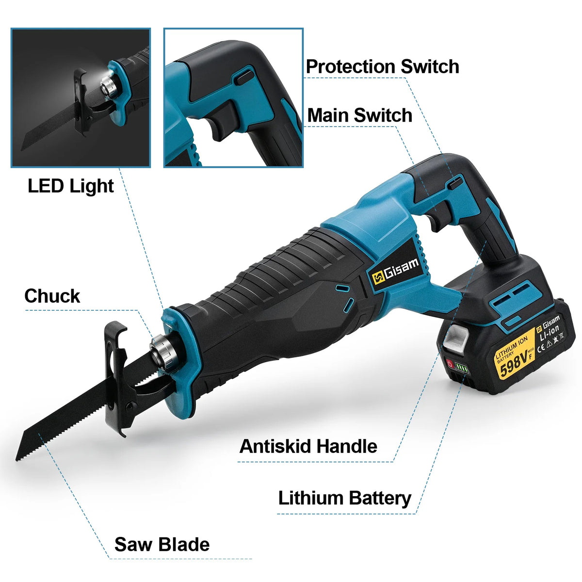 Gisam reciprocating saw close-up with LED light and protective handle
