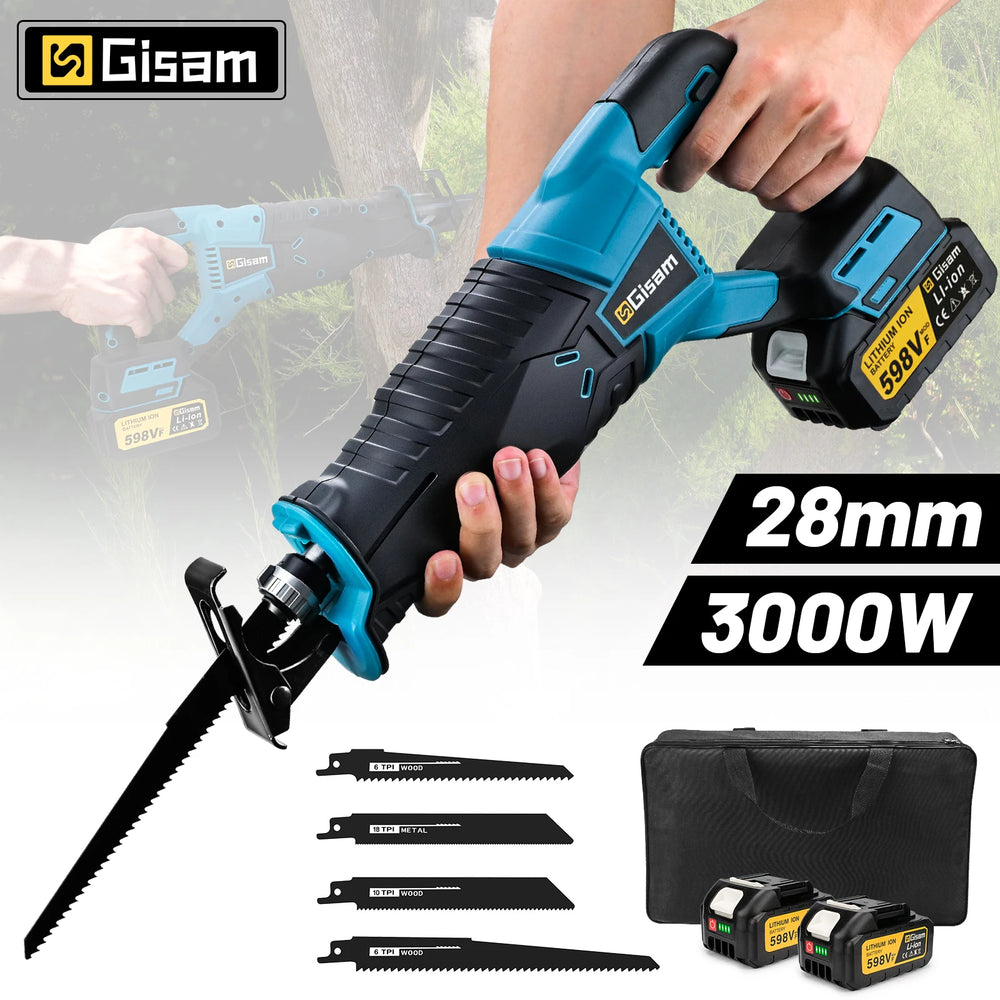 Gisam cordless reciprocating saw lifestyle shot, blue and black
