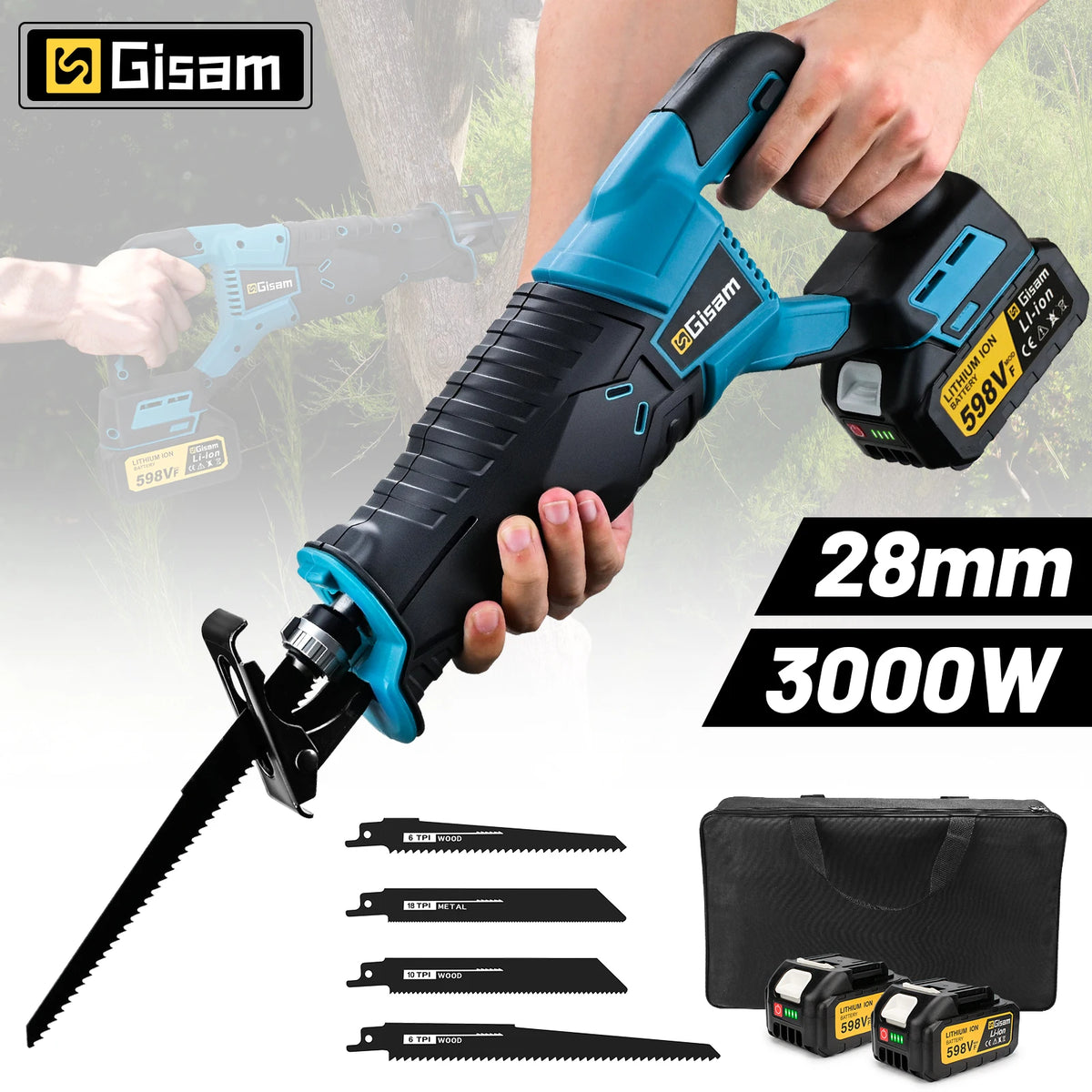 Gisam cordless reciprocating saw lifestyle shot, blue and black