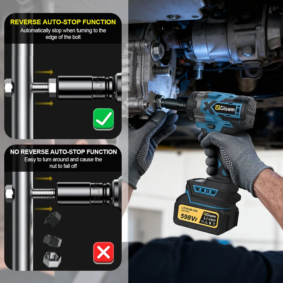 Gisam impact wrench instructional graphic, correct vs incorrect usage