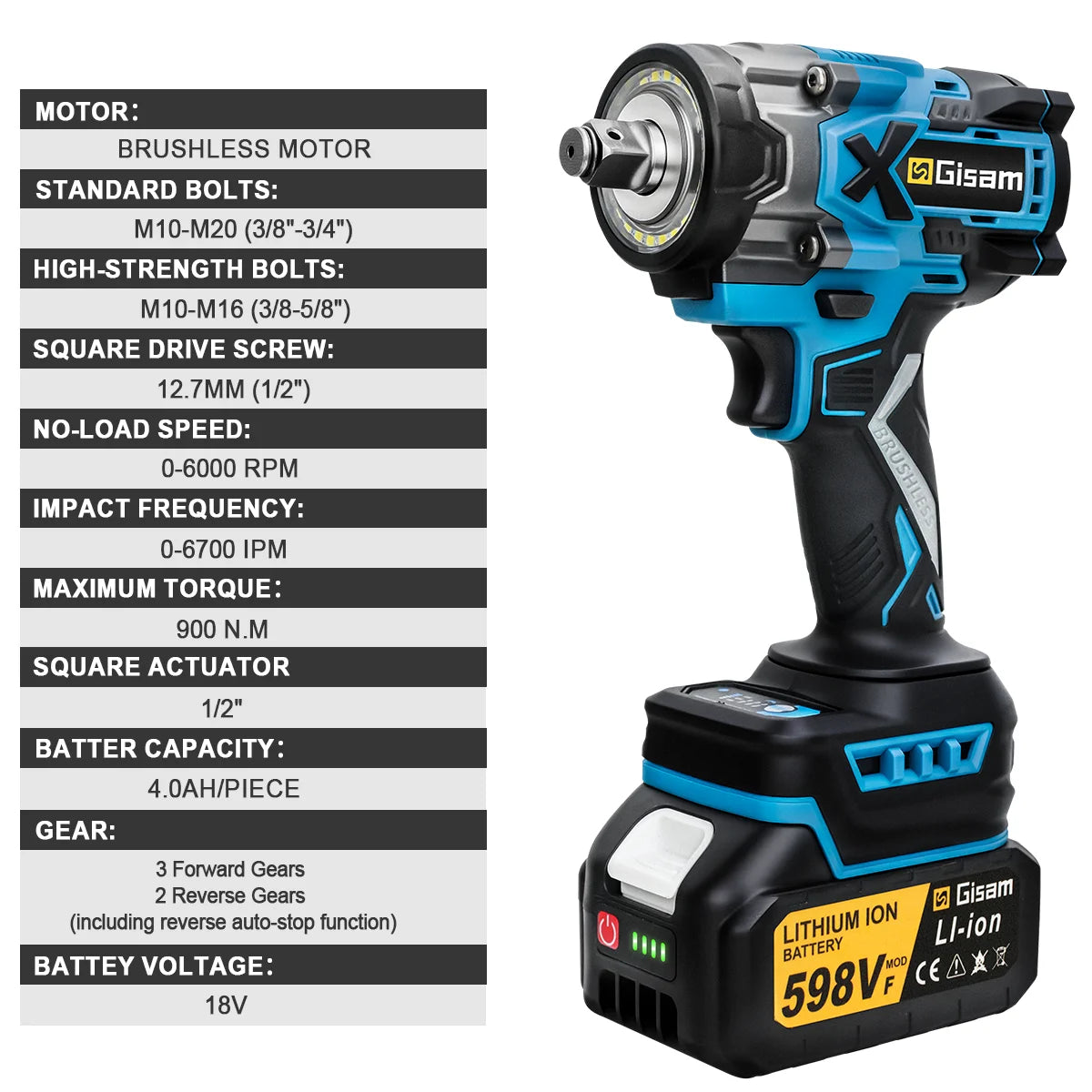 Gisam impact wrench close-up, battery indicator and forward/reverse switch