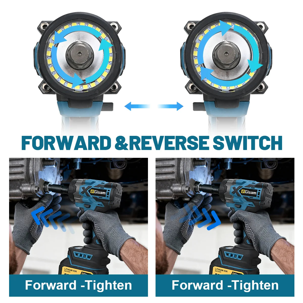 Gisam impact wrench detail, forward/reverse switch with LED indicator
