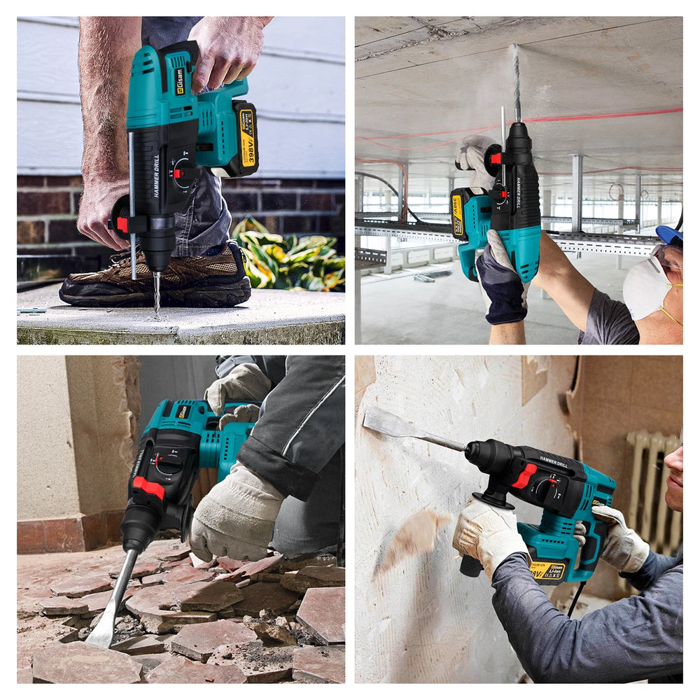 Gisam cordless rotary hammer packaging in black and yellow, battery included