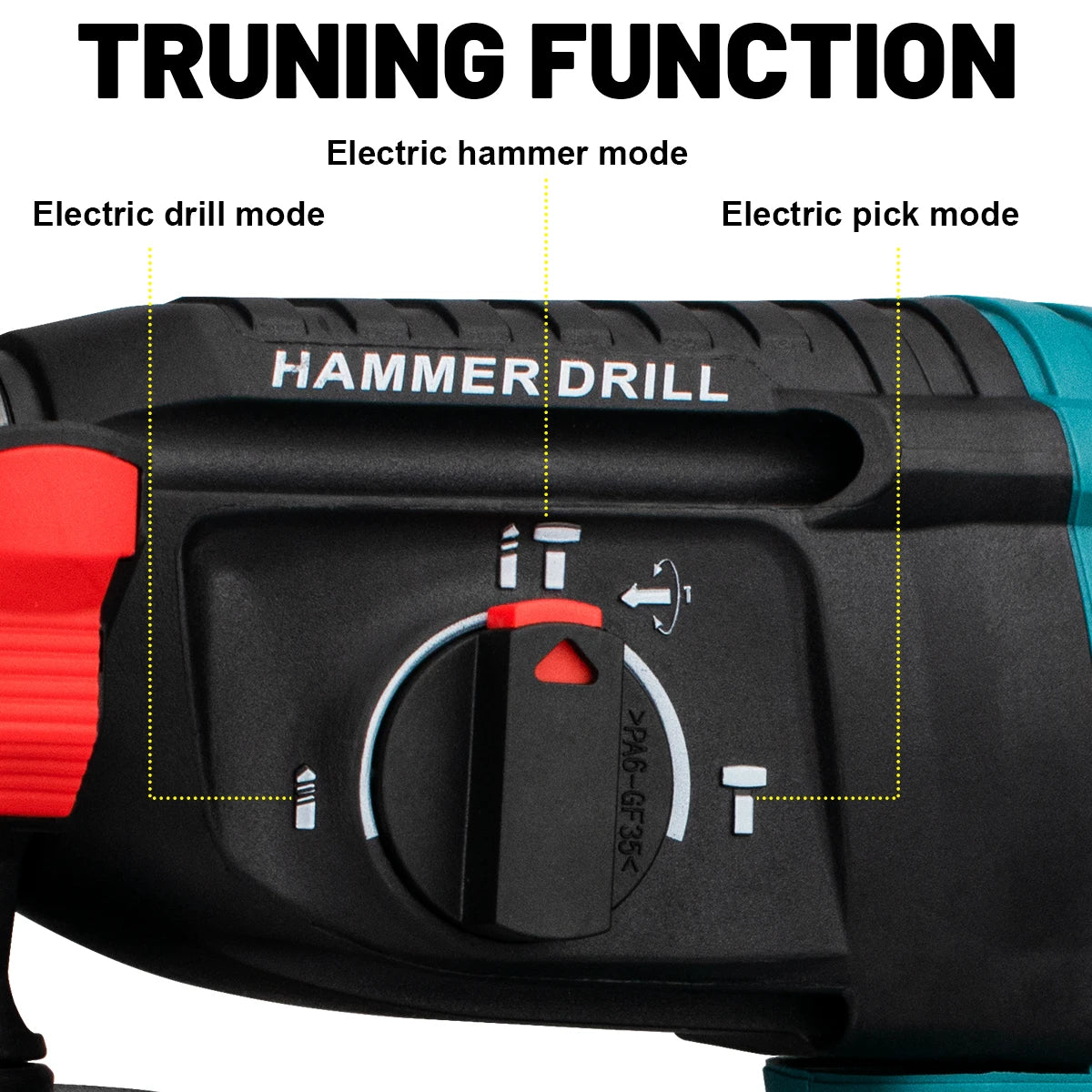 Gisam cordless drill function switch detail in black and red, mode selector