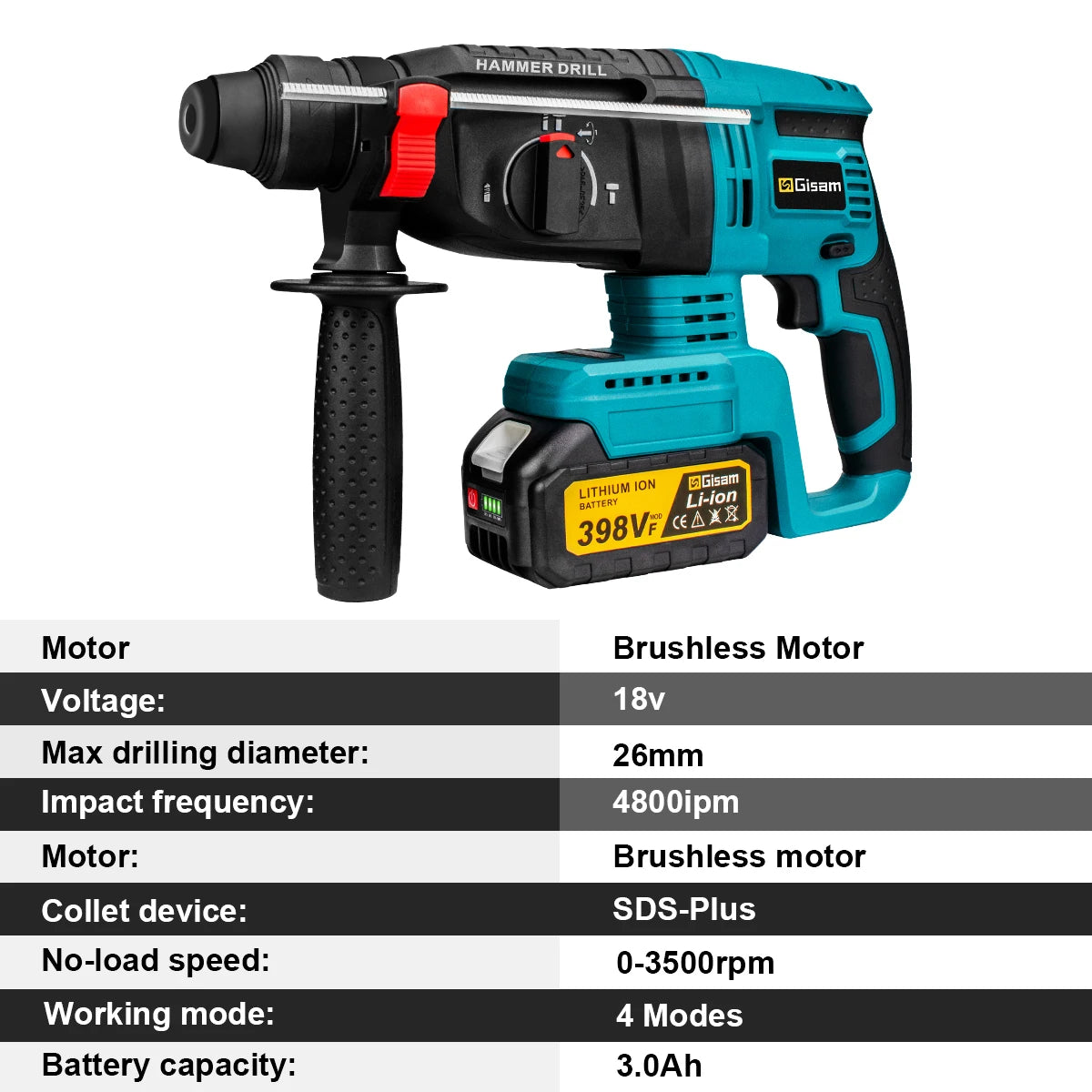 Gisam cordless drill specifications table detail in blue and black on white