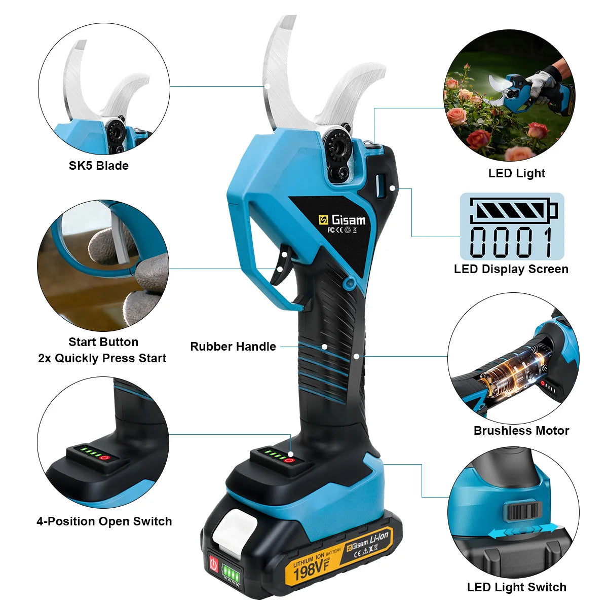 Gisam pruner features detail with LED indicators and ergonomic design