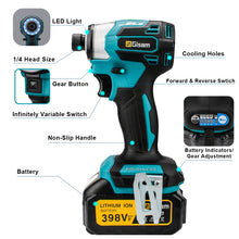 Gisam brushless cordless screwdriver detail, battery indicator and control buttons