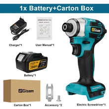Gisam brushless cordless screwdriver components, battery and charger detail