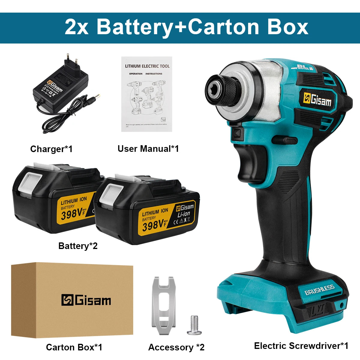Gisam cordless screwdriver set packaging, two batteries and carrying case