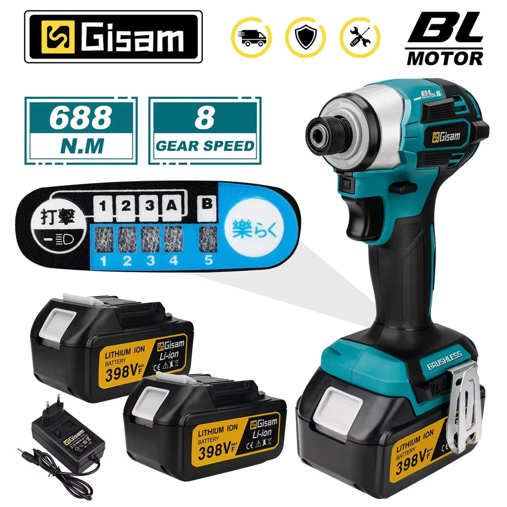 Gisam brushless cordless screwdriver packaging, black and blue kit view