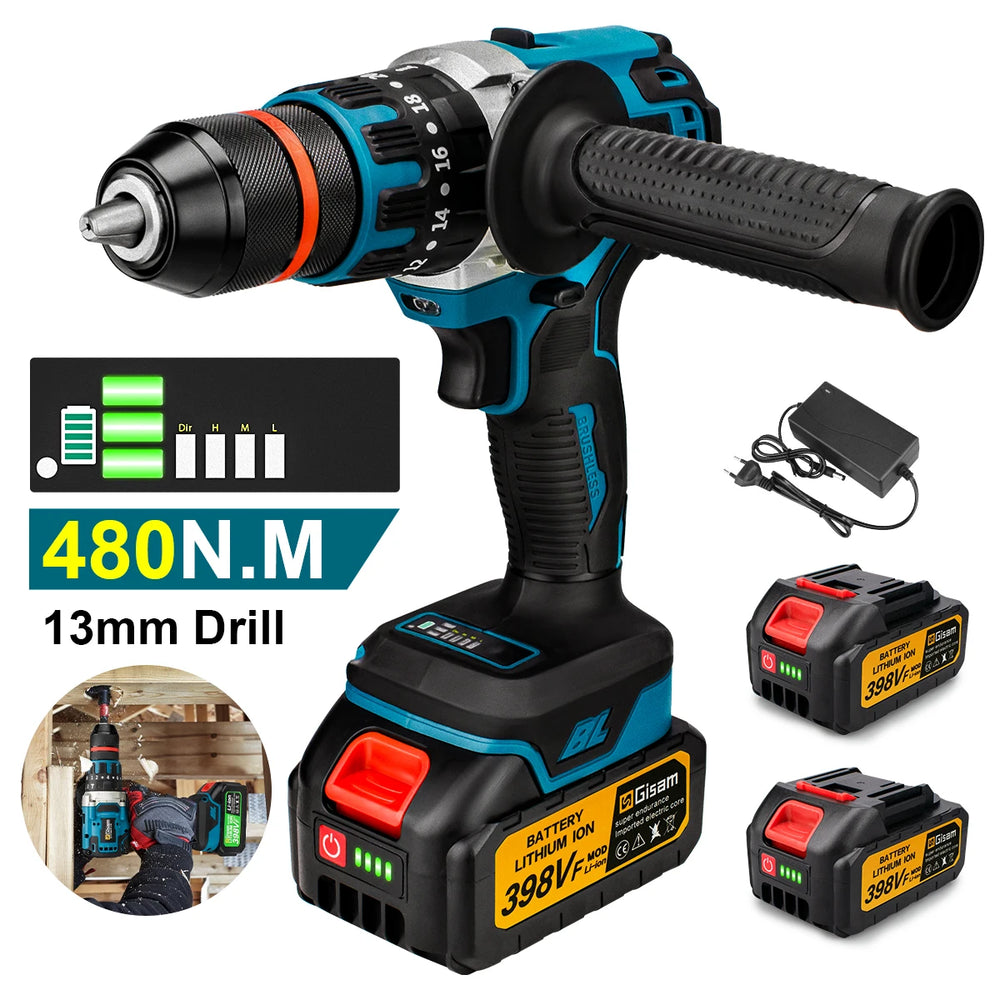Gisam brushless impact drill front view, black and blue with LED light