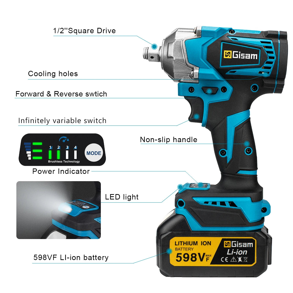 Gisam impact wrench side view with forward/reverse switch and LED light