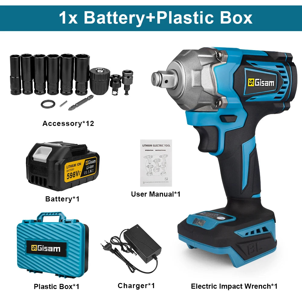 Gisam cordless impact wrench kit lifestyle with battery, charger, and storage box