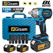 Gisam cordless impact wrench kit packaging, blue and black with battery and sockets