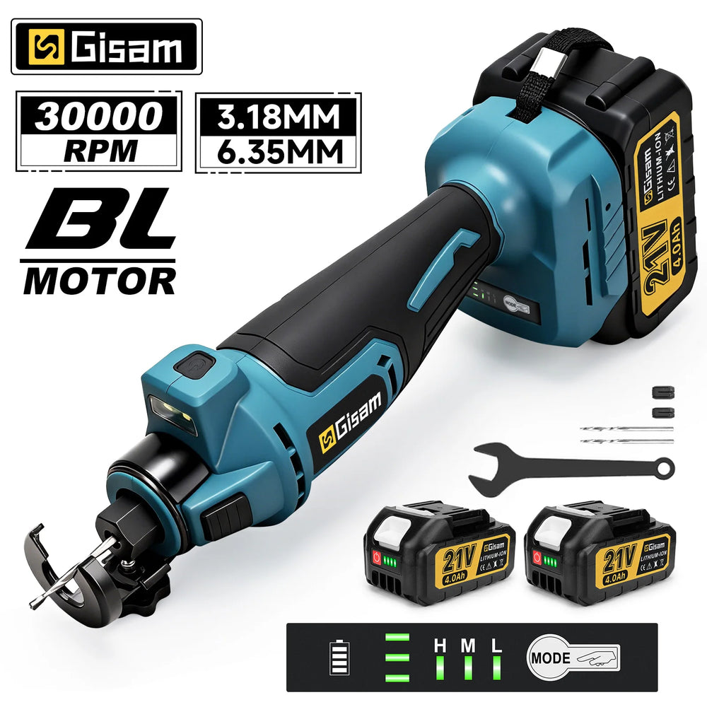 Gisam brushless cut-out tool detail close-up, blue and black, 3 gear settings