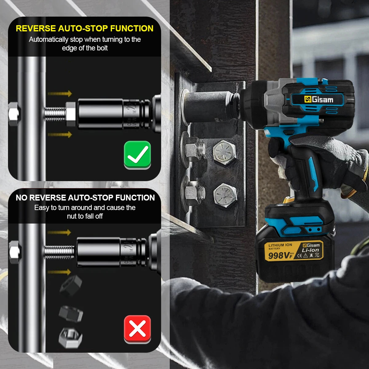 Gisam brushless impact wrench side view, blue and black with battery indicator