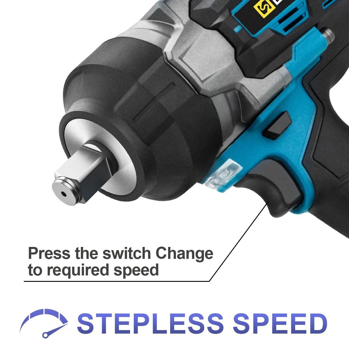 Gisam impact wrench detail close-up, stepless speed control in black and blue