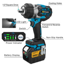 Gisam impact wrench side view with LED light and battery indicator, black and blue