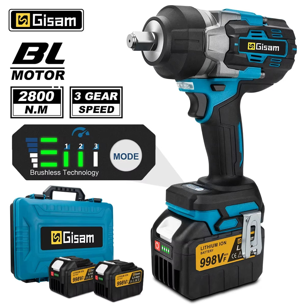 Gisam brushless impact wrench front view, blue and black with battery