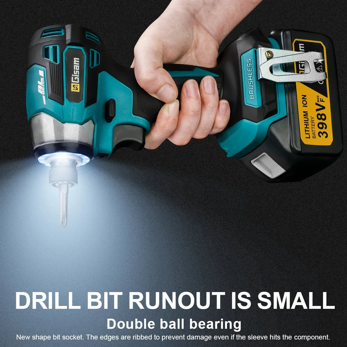 Gisam cordless drill with LED light, black and blue lifestyle view