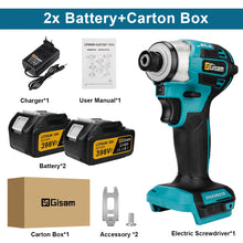 Gisam impact driver kit components, battery and charger on white background